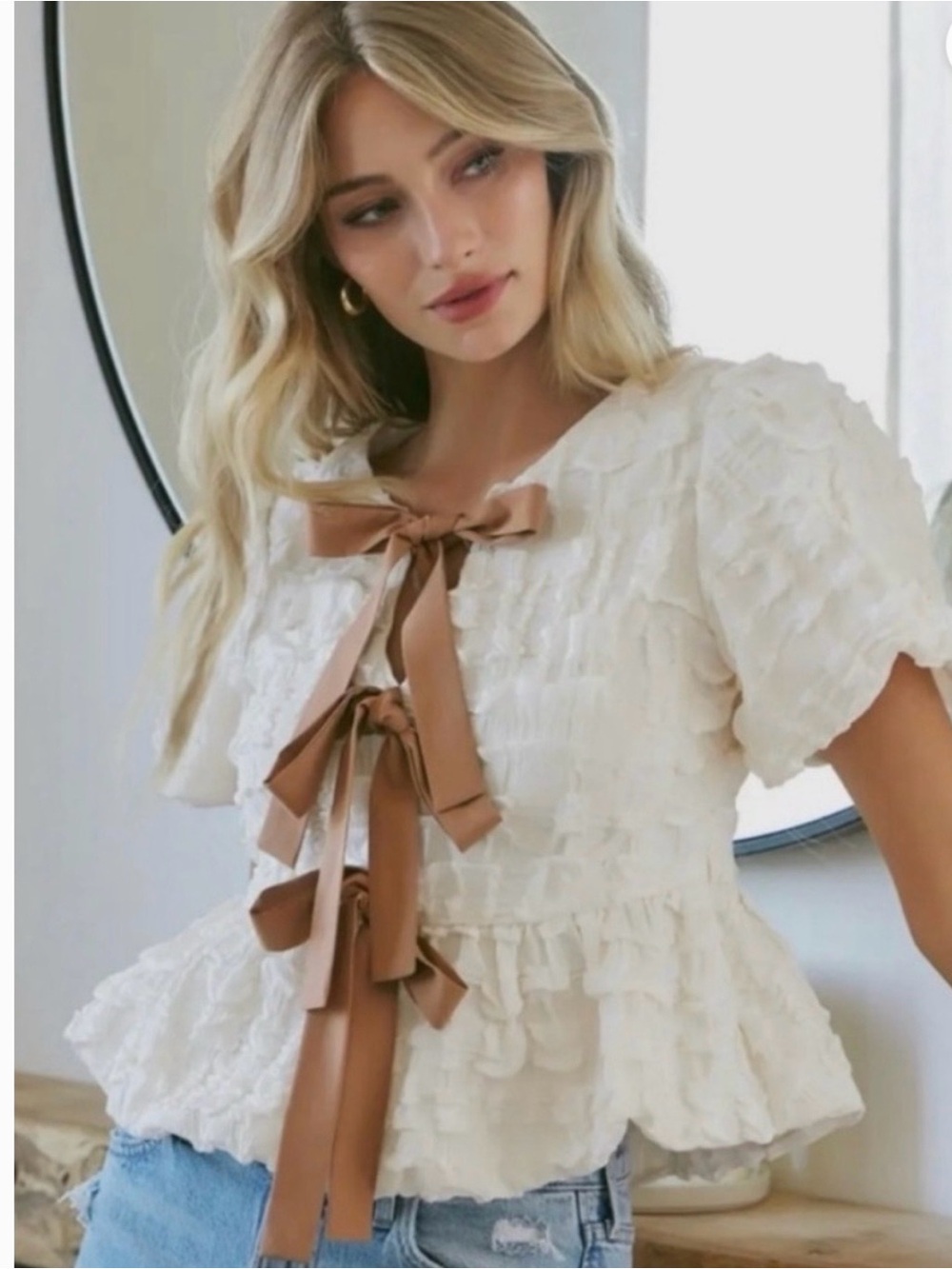 NWT idem ditto Cream Peplum Tie-Front Top with Brown Bows Size Small